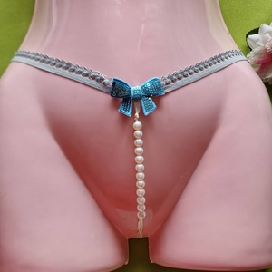 FEN55E - Női fehérnemű - Türkizkék masnis, gyöngyös G-string tanga bugyi, Ruha & Divat, Női ruha, Fürdőruha & Fehérnemű, Varrás, MESKA