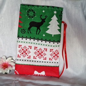 DCS51B - Karácsonyi fenyőfa, rénszarvas mintás mikulás zsák, textil ajándéktasak - zöld, Karácsony, Karácsonyi ajándékozás, Karácsonyi ajándékcsomagolás, Varrás, MESKA
