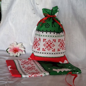 DCS51B - Karácsonyi fenyőfa, rénszarvas mintás mikulás zsák, textil ajándéktasak - zöld - karácsony - mikulás - mikulás zsák - Meska.hu