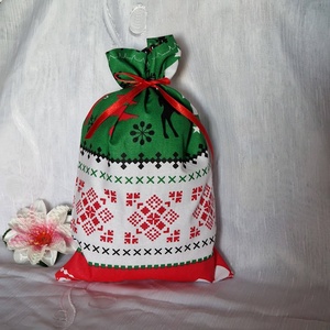 DCS51B - Karácsonyi fenyőfa, rénszarvas mintás mikulás zsák, textil ajándéktasak - zöld - karácsony - mikulás - mikulás zsák - Meska.hu