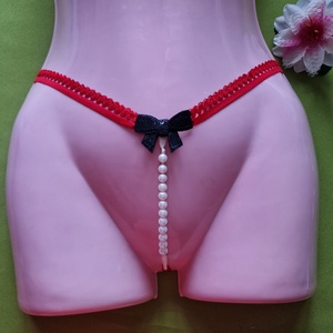 FEN55F - Női fehérnemű - Fekete masnis, gyöngyös G-string tanga bugyi, Ruha & Divat, Női ruha, Fürdőruha & Fehérnemű, Varrás, MESKA