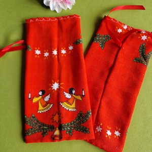 DCS105 - Angyalka, csillag, csengő mintás textil ajándéktasak, mikulás zsák piros alapon , Karácsony, Mikulás, Mikulás zsák, Varrás, MESKA