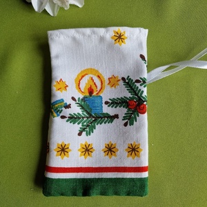 DCS114 - Gyertya mintás vászon ajándéktasak, mini karácsonyi zsákocska, Karácsony, Mikulás, Mikulás zsák, Varrás, MESKA