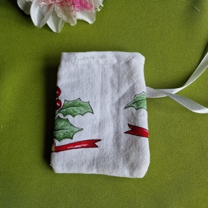 DCS115 - Magyalmintás textil ajándéktasak, ékszertartó, Karácsony, Mikulás, Mikulás zsák, Varrás, MESKA