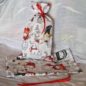 DCS89 - Hóember, kutya mókus mintás mikulás zsák, textil ajándéktasak - karácsony - mikulás - mikulás zsák - Meska.hu