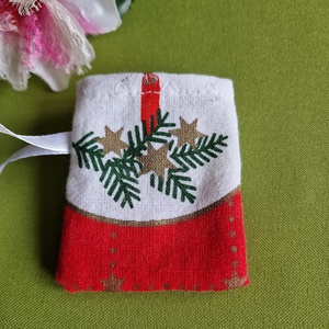 DCS97 - Gyertya mintás vászon ajándéktasak, ékszertartó, mini karácsonyi zsák, Karácsony, Mikulás, Mikulás zsák, Varrás, MESKA