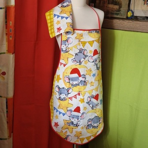 OTT37 - Karácsonyi manó és egér mintás pamut konyhai szett: kötény, konyharuha (törlőkendő) - otthon & életmód - konyhafelszerelés, tálalás - konyhai textil - kötény - Meska.hu