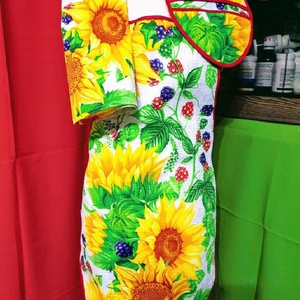 OTT35 - Pipacs, zöldség, naparforgós és Cica mintás pamut konyhai szett: kötény, konyharuha (törlőkendő) - otthon & életmód - konyhafelszerelés, tálalás - konyhai textil - kötény - Meska.hu