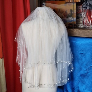 FTY145 - 2 rétegű, szegetlen, törtfehér gyöngyös menyasszonyi fátyol 56/75x150cm - esküvő - kiegészítők - fátyol - Meska.hu