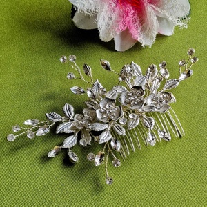 ESKÜVŐ HAD254 -  Ezüst színű virágos ágacskás strasszköves hajfésű, hajdísz - Meska.hu