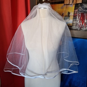 FTY84B - 2 rétegű, szatén szegélyű Hófehér menyasszonyi fátyol 60/78x150cm - esküvő - kiegészítők - fátyol - Meska.hu