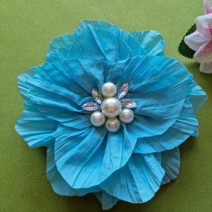 ESKÜVŐ BCS18 - Kitűző, bross, hajcsat - türkizkék színű textil virág, rózsa kb. 15cm  - Meska.hu