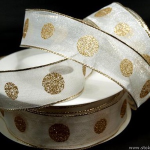 25SLM11 - 25mm-es pöttyös organza szalag dróttal - arany - Meska.hu