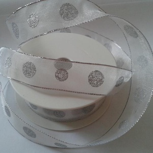 25SLM10 - 25mm-es pöttyös organza szalag dróttal - ezüst - Meska.hu