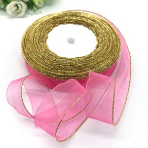 20SLM - 20mm-es arany szélű organza szalag - rózsaszín - 490cm - Meska.hu
