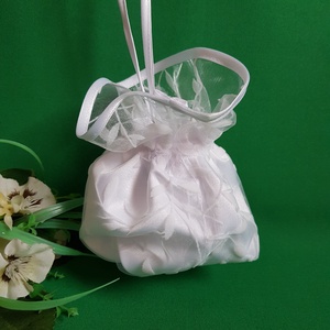 Levél mintás hófehér, szatén-organza menyasszonyi szütyő, kistáska - esküvő - kiegészítők - táska - Meska.hu