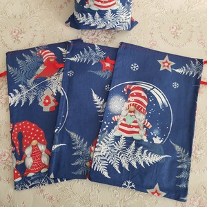 Kék színű, karácsonyi, manó mintás mikulás zsák, textil ajándéktasak   - karácsony - mikulás - mikulás zsák, zokni, csizma - Meska.hu