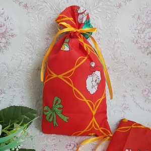 Csengő, hóember, cukorka mintás szatén mikulás zsák, textil ajándéktasak   - Meska.hu