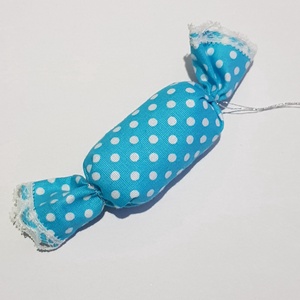 Textil szaloncukor, kék alapon pöttyös karácsonyfadísz, karácsonyi dekoráció, Karácsony, Karácsonyi lakásdekoráció, Karácsonyfadíszek, Varrás, MESKA