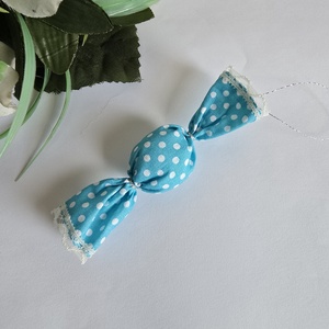 Türkiz alapon fehér pöttyös textil szaloncukor karácsonyfadísz, karácsonyi dekoráció - Meska.hu