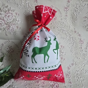 Karácsonyi fenyőfa, rénszarvas mintás mikulás zsák, textil ajándéktasak  , Karácsony, Mikulás, Mikulás zsák, Varrás, MESKA