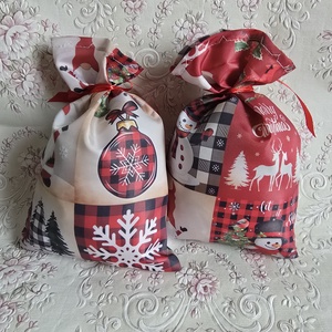 Karácsonyi mozaik mintás (mikulás, gömb, fenyőfa, hóember, hópehely) mikulás zsák, textil ajándéktasak, Karácsony, Mikulás, Mikulás zsák, Varrás, MESKA