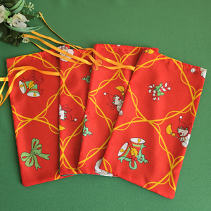 Csengő, hóember, cukorka mintás szatén mikulás zsák, textil ajándéktasak   - karácsony - mikulás - mikulás zsák - Meska.hu