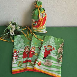 Karácsonyi mintás szatén mikulás zsák, textil ajándéktasak  , Karácsony, Mikulás, Mikulás zsák, Varrás, MESKA