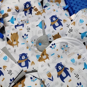 Óriási baba látogató ajándékcsomag 10 részes kék-szürke macis nyuszis kék minky-vel, Játék & Sport, Babalátogató ajándékcsomag, Varrás, Meska