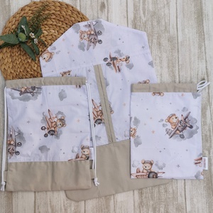 Óvodai Szett 3 db-os - Ruhazsák, tornazsák és tisztasági zsák barna repülős maci- beige UNISEX, Játék & Sport, Ovis felszerelés, Ovis szett, Varrás, MESKA
