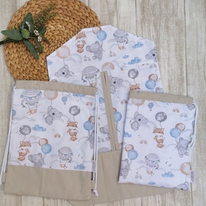 Óvodai Szett 3 db-os - Ruhazsák, tornazsák és tisztasági zsák Elefánt, róka, koala lufival- beige UNISEX, Játék & Sport, Ovis felszerelés, Ovis szett, Varrás, MESKA