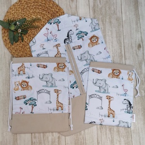 PRÉMIUM Óvodai Szett  db-os - Ruhazsák, tornazsák és tisztasági zsák állatkert- beige UNISEX, Játék & Sport, Ovis felszerelés, Ovis szett, Varrás, MESKA