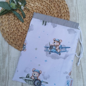 Ovis tisztasági zsák - kék repülős maci- szürke, Játék & Sport, Ovis felszerelés, Tisztasági csomag, Varrás, MESKA