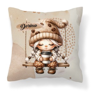 Névvel kérhető - Hintázó kávés manó lány mintás párna, Otthon & Életmód, Lakástextil, Párna & Párnahuzat, Díszpárna (belsővel együtt), , MESKA