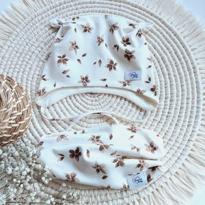 Kötős gyerek sapka csősál szett, barna virágok, LuannaBaby , Ruha & Divat, Sál, Sapka, Kendő, Sapka & Sál szett, Varrás, MESKA