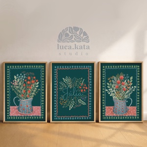 ,,Virágok tánca ( sötét háttér) személyre szóló 3 db-os illusztrációs kollekció, babaköszöntő, keresztelő ajándék, Baba - mama, Babaszoba dekoráció, Babaszoba kép, Fotó, grafika, rajz, illusztráció, MESKA