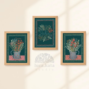 ,,Virágok tánca ( sötét háttér) személyre szóló 3 db-os illusztrációs kollekció, babaköszöntő, keresztelő ajándék - baba - mama - babaszoba dekoráció - babaszoba kép - Meska.hu