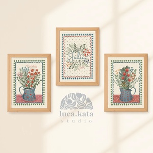 ,,Virágok tánca ( világos háttér) személyre szóló 3 db-os illusztrációs kollekció, babaköszöntő, keresztelő ajándék - Meska.hu