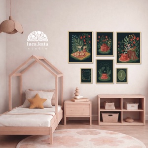 ,,Teadélután személyre szóló 6 db-os illusztrációs kollekció( Sötét háttérrel), babaköszöntő, keresztelő ajándék - baba - mama - babaszoba dekoráció - babaszoba kép - Meska.hu