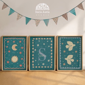,,Varázslatos égbolt személyre szóló 3 db-os illusztrációs kollekció, babaköszöntő, keresztelő ajándék - baba - mama - babalátogató ajándékcsomag - Meska.hu