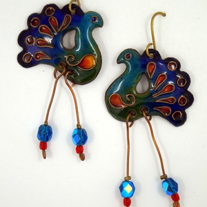 Pávás tűzzománc fülbevaló- kékeszöld  - Meska.hu