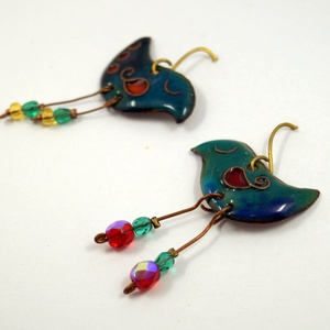 Vidám, felemás :)  Álmodó madárka tűzzománc fülbevaló -  kék -  - Meska.hu