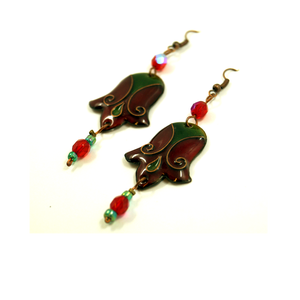 Bordó, zöld tulipán alakú tűzzománc fülbevaló  -  - Meska.hu