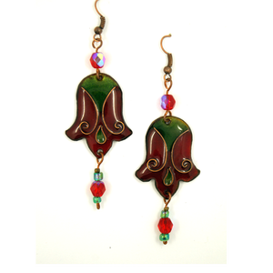 Bordó, zöld tulipán alakú tűzzománc fülbevaló  - Meska.hu