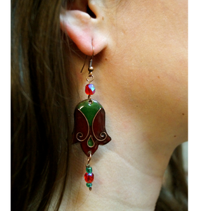 Bordó, zöld tulipán alakú tűzzománc fülbevaló  -  - Meska.hu
