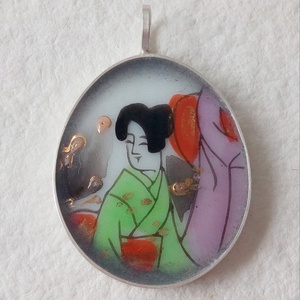 Japán - Porcelán ezüst medál  - ékszer - nyaklánc - medál - Meska.hu