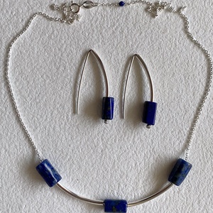 Lápisz lazuli ezüst nyaklánc + fülbevaló, Ékszer, Karkötő, Gyöngyös karkötő, Ékszerkészítés, Ötvös, MESKA