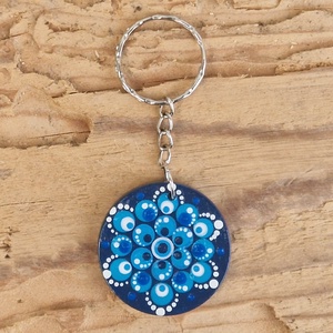 Fa kulcstartó, kulcskarika, táskadísz pontfestéssel (türkiz mandala), Táska & Tok, Kulcstartó & Táskadísz, Kulcstartó, Ékszerkészítés, Festett tárgyak, MESKA