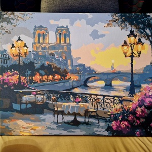 Párizsi Alkony - Notre-Dame és Szajna-parti kávézó (Kész számfestő kép, 40x50 cm) - Meska.hu