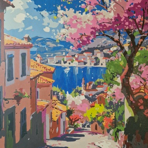 Tavaszi séta a cseresznyefa alatt (Kész számfestő kép, 50x40 cm) - művészet - festmény - akril - Meska.hu